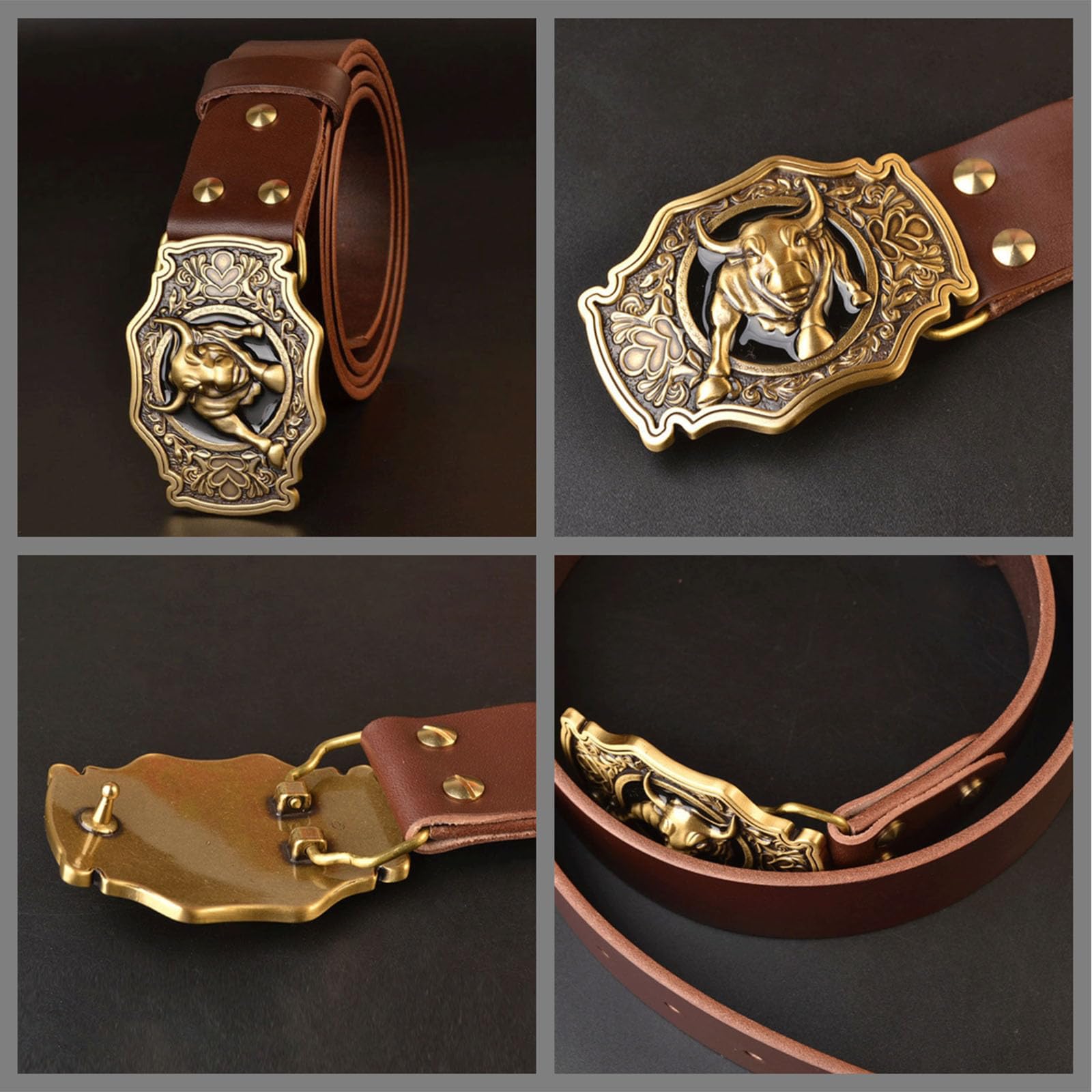 Cinture, Cintura da Rodeo da Uomo, Cintura da Cowboy Western in Pelle da Uomo con Fibbia in Metallo con Motivo Toro dalle Corna Lunghe,Marrone,115CM/45.3''