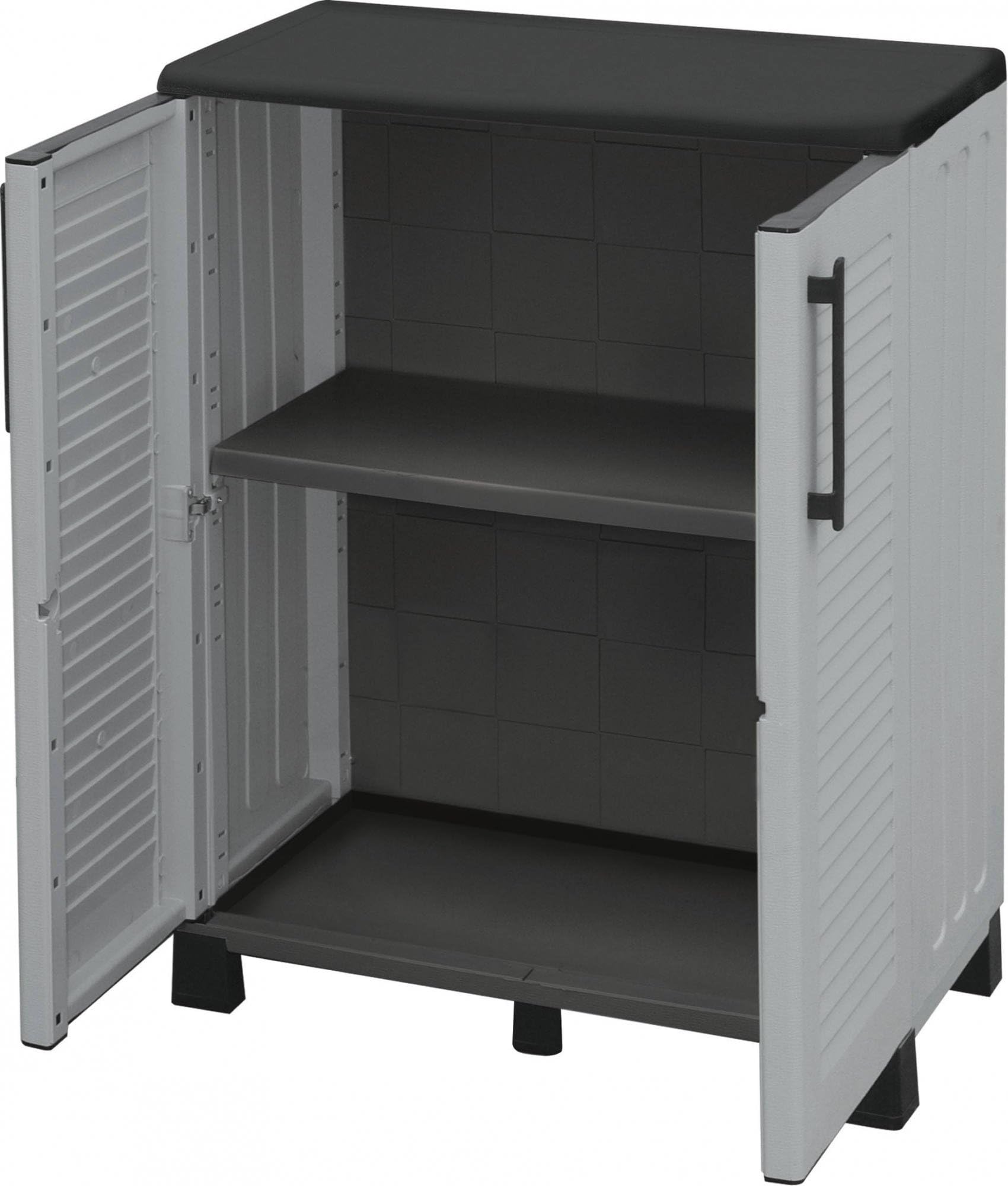 Dmora - Armadio da esterno Wavre, Armadio balcone multiuso, Mobile outdoor 2 ante, 100% Made in Italy, 68x37h90 cm, Grigio chiaro e Nero, Finitura righe