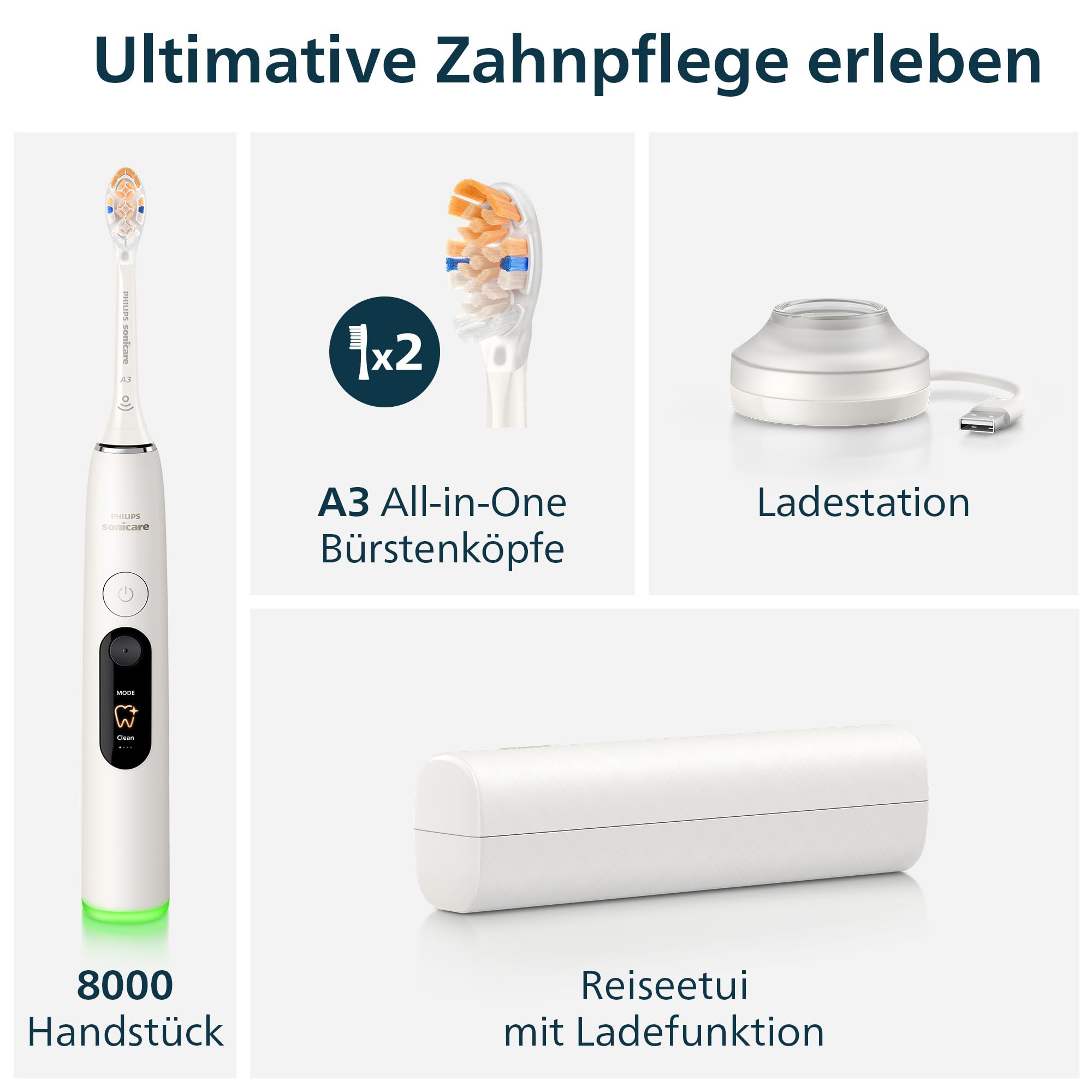 Philips Sonicare Next-Generation DiamondClean 8000 Elektrische Zahnbürste – mit Andruckkontrolle und Feedback, 15 Einstellungen, Pulverweiß, HX8312/11