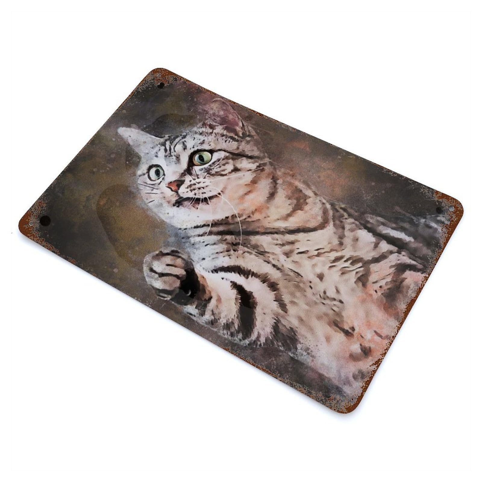 Splatter Cute Cat 11.8"x7.9" Aged Metal Wall Plaque, Classic Wall Plaque for Basement, Hobby Room And Garage Decor