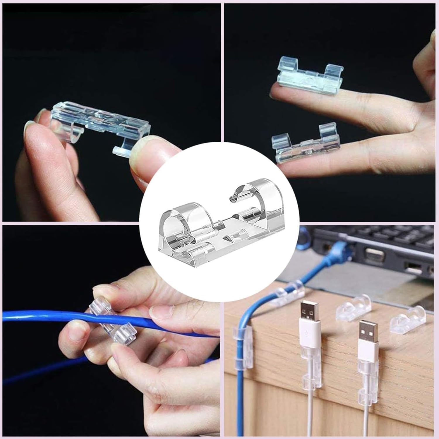 Kyrotech Juego de 100 clips adhesivos para cables, organizador de cables, soporte de cables para escritorio y pared, estabilizador de cables, adecuado para gestión de cables de oficina en casa, USB