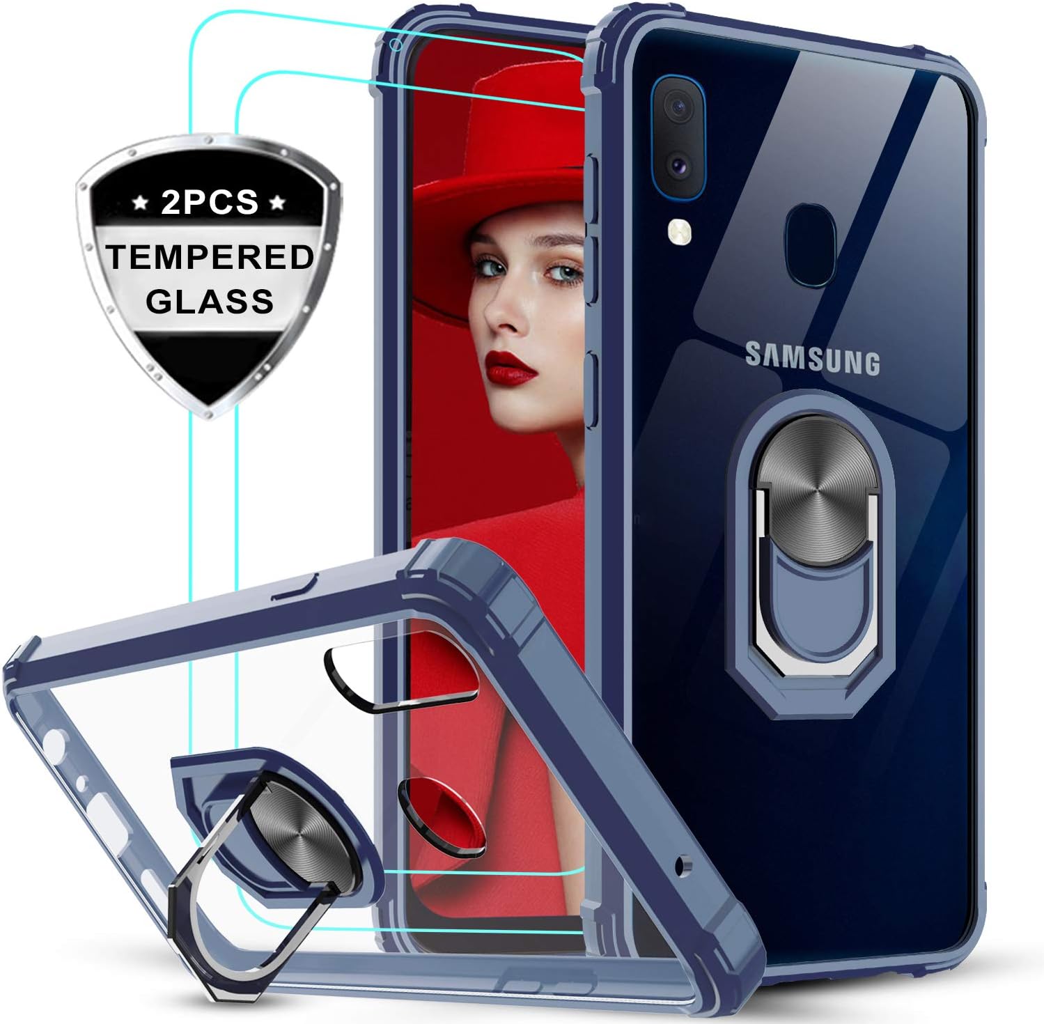 Samsung Galaxy A20/ A30 Case with [2 Pack] Tempered Glass Screen Protector, LeYi Clear Crystal Military-Grade Protective Phone Case with Ring Car Mount Kickstand for Samsung A20/ A30, Blue