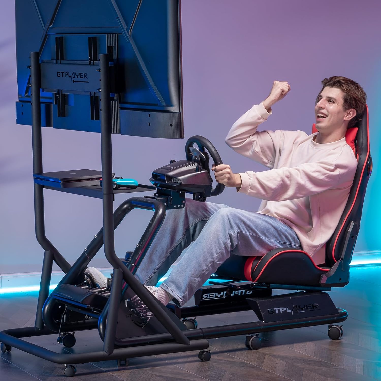 GTPLAYER Monitor Stand Mobile TV Stand with Adjustable Height for 32-65 Inch Display TV Mount Fit for Racing Wheel Stand, Racing Simulator Cockpit, Only Monitor Stand, TV Not Included, Black