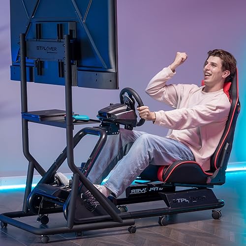 Miniatura 7 de GTPLAYER Monitor Stand Mobile TV Stand with Adjustable Height for 32-65 Inch Display TV Mount Fit for Racing Wheel Stand, Racing Simulator Cockpit,