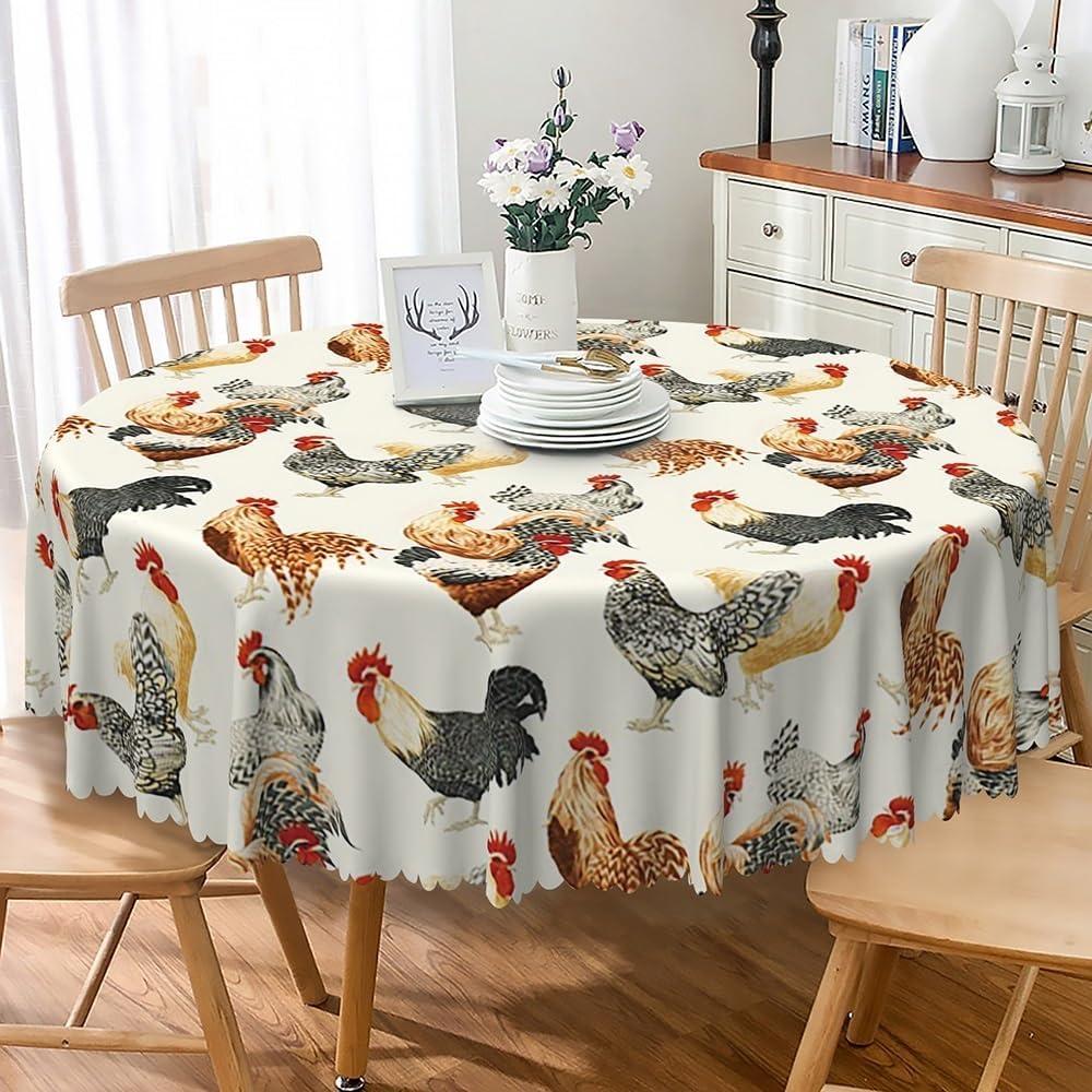 Rural Rooster Round Tablecloth Rustic Farmhouse Country Chicken Table Cover Waterproof and Stain Resistant Farm Animals Table Cloth for Kitchen Dinning Party Patio Banquet Decorations,70 Inch