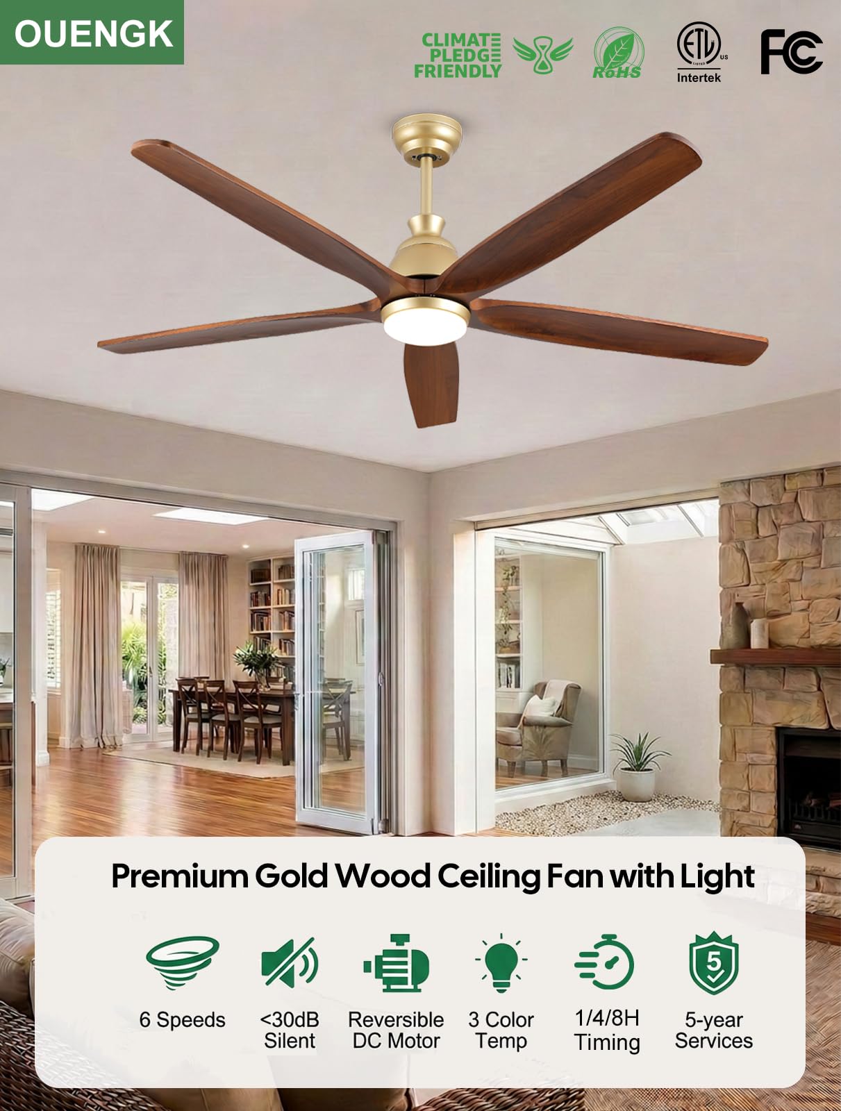 Ventilador de Techo con Luz y Mando a Distancia Madera, 132cm, Motor DC Reversible Silencioso, 6 Velocidades, 8H Temporización, Ventilador de Techo Moderno de 5 aspas para Interior y Exterior