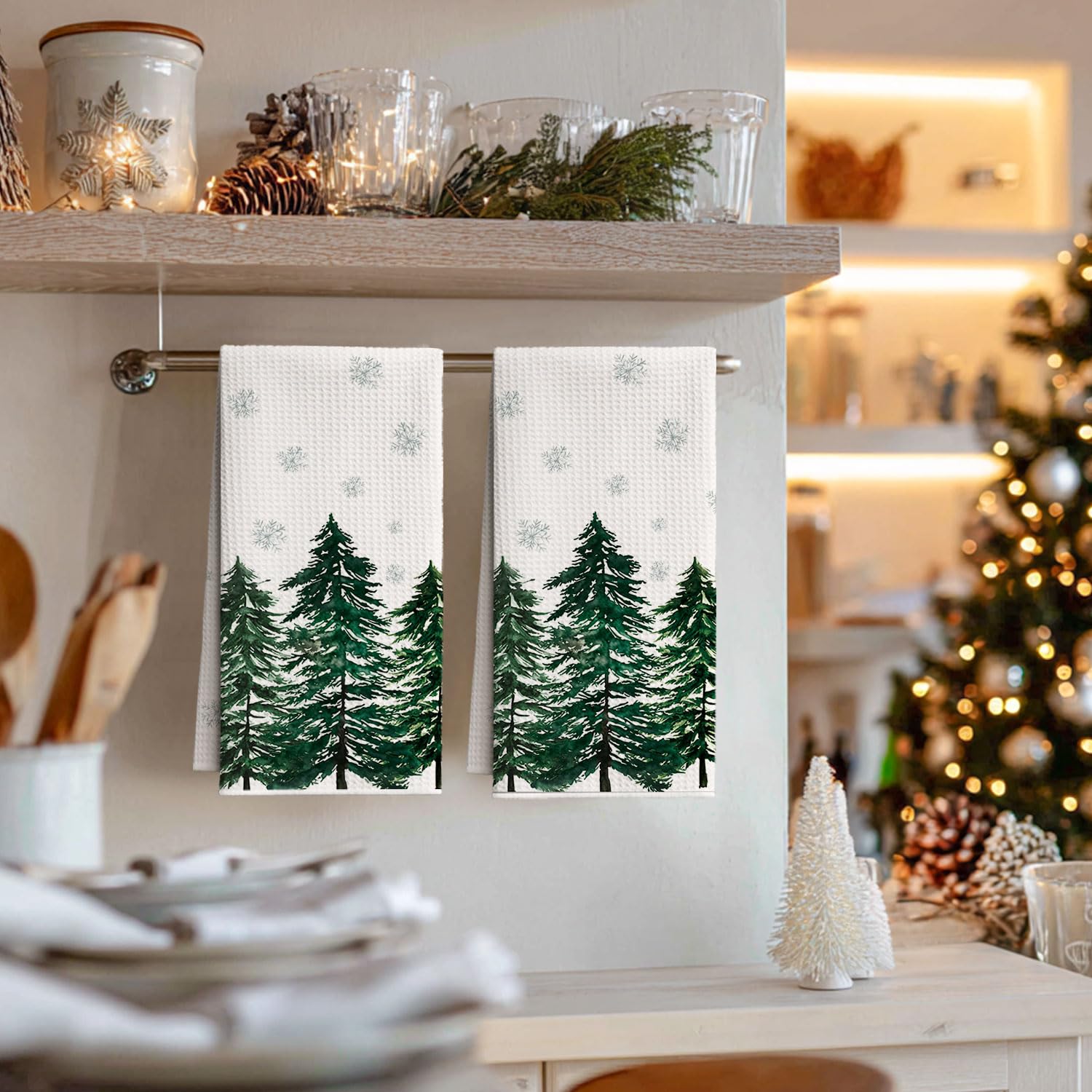 Artoid Mode Płatki śniegu, sosny, Boże Narodzenie, do baru, ręczników kuchennych, ścierek do naczyń, 42 x 65 cm, z mikrofibry, chłonne, do czyszczenia, dekoracja, zestaw 2 sztuk