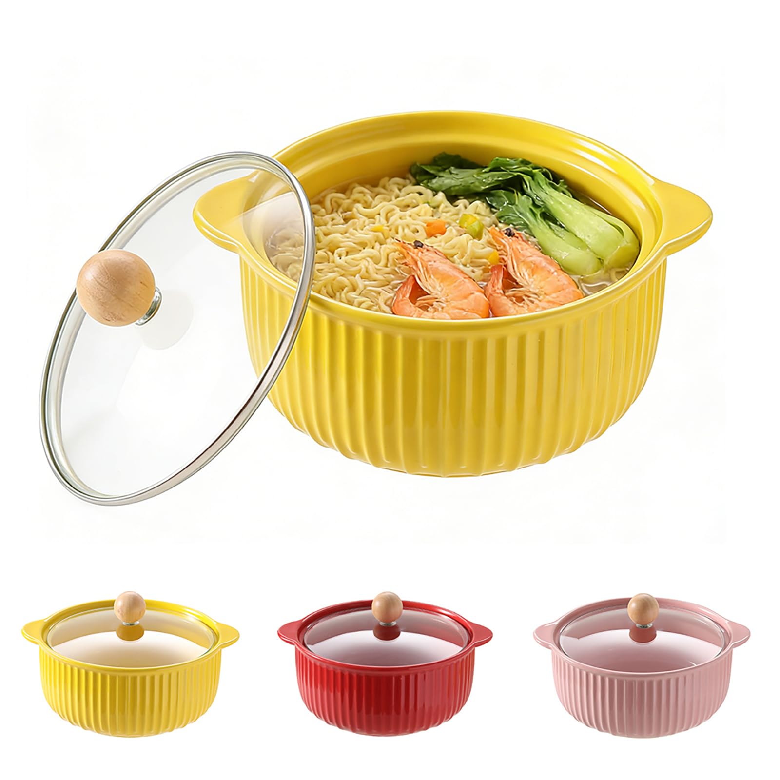Plats à Four en Céramique 800 ml, Plats de Ronds Cuisson avec Poignées, Bol Ramen avec Couvercle, pour Viande, Légumes, Plat Four pour Friteuse à Air Chaud, Four, Micro-ondes, Jaune