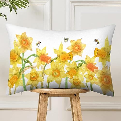 Miniatura 7 de Artteal Fundas de almohada de narcisos de 12 x 20 pulgadas, fundas de almohada decorativas lumbares con flores de primavera para sofá, cama, sofá,