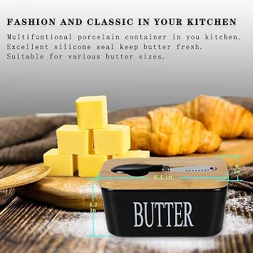 Butter Dish, Ceramic Butter Dish with Wooden Lid & Stainless Steel Knife | Airtight Butter Keeper for Counter or Fridge, Butter Container with Double High-Quality Silicone