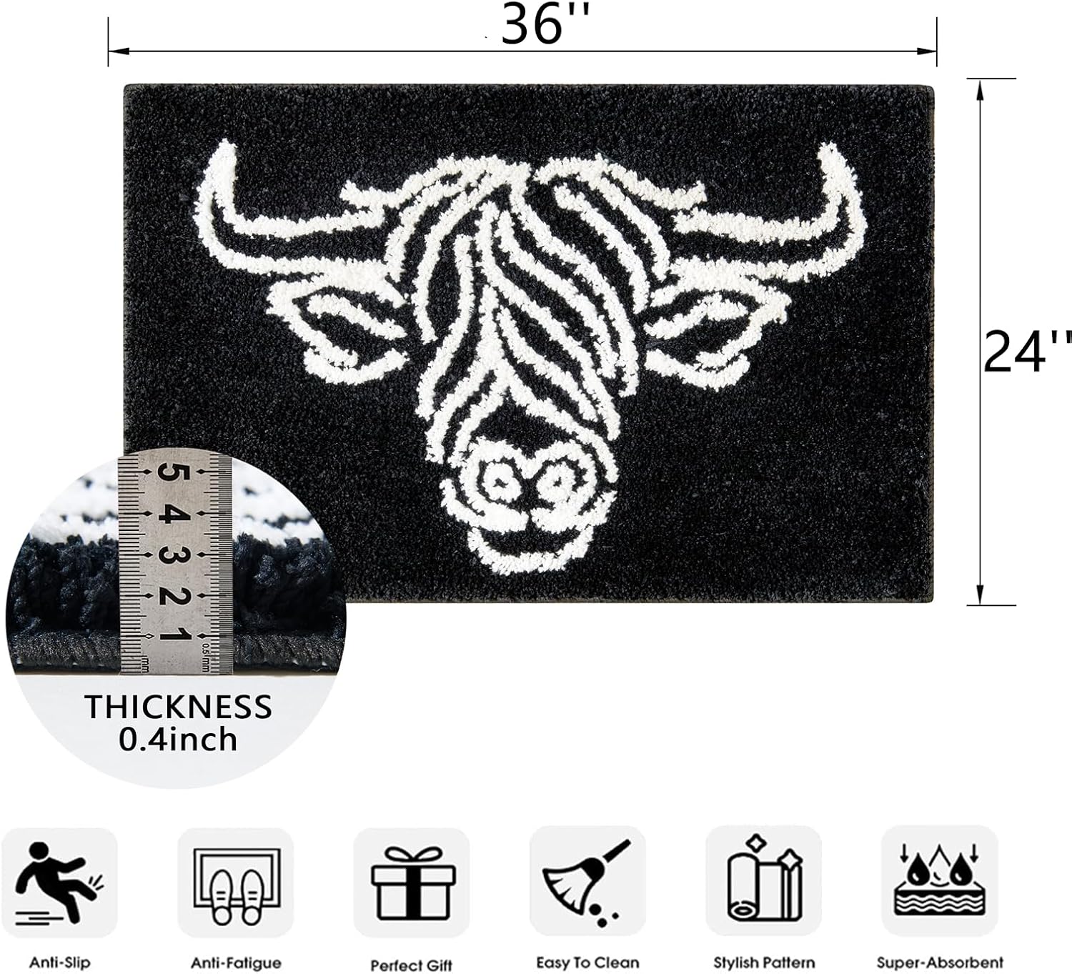 Black Highland Cow Rug 2x3 Non Slip Indoor Door Mat Washable, Tufted Southwestern Rustic Cabin Farmhouse Bathroom Rugs, Vintage Bull Wild West Accent Carpet for Entryway Kitchen Bedroom Laundry