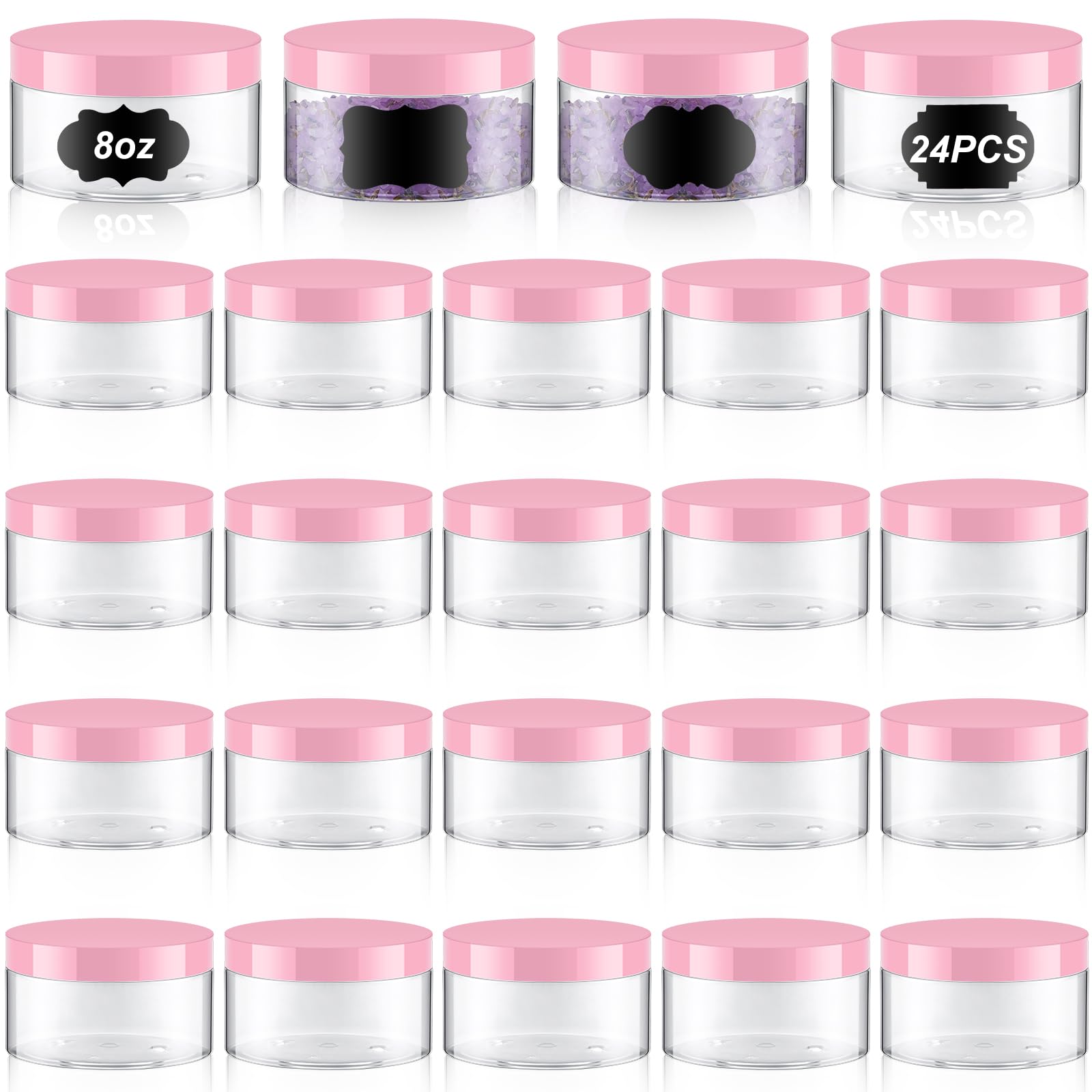 Dandat 24 Pcs 8 oz Plastic Jar Container with Lid and Label Refillable Empty Round Clear with Pink Pet Cosmetic Sample Slime Containers for Lotion,