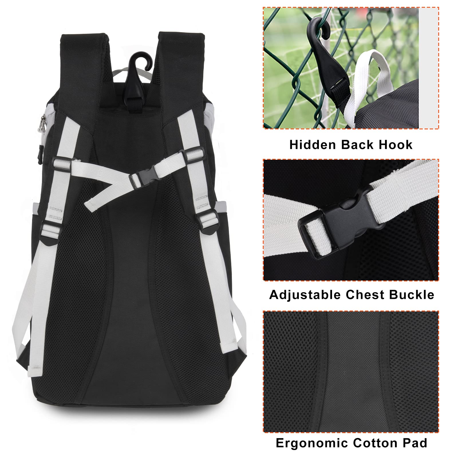 TPAID Baseball-Rucksack, große Kapazität, Softball-Tasche mit Schuhfach und Zaunhaken, leichte Baseballausrüstungstasche für Schläger, Helme, Handschuhe, Hüte, Kleidung, Schuhe
