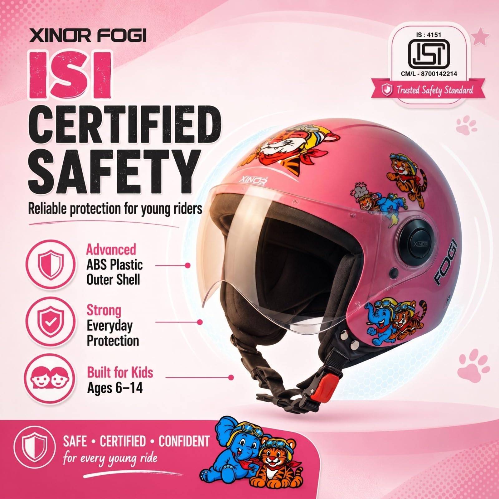 Kids Motorcycle Helmet by Xinor Fogi ISI Certified Ages 6-14 Years with Design - XS (Baby Pink) 1