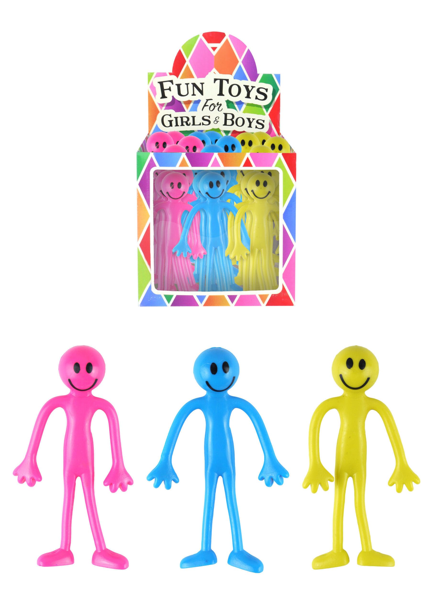 3 x Bright Bendable Figures - Smile Character Fiddle Toys - Sensory Toys - Yellow, Blue and Pink Bendy Men - Relief from Stress (Multipack Bendy People (1x Pink, 1x Blue, 1xYellow)))