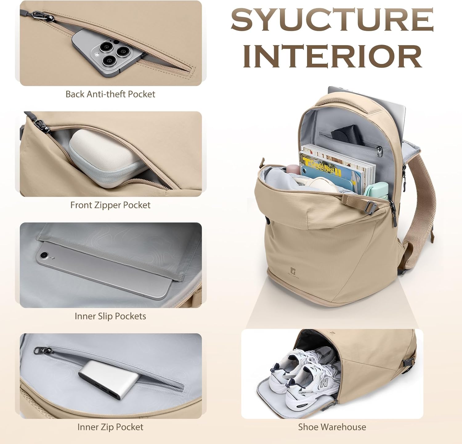 GOLF SUPAGS Basic Multipurpose Casual Backpack Laptop Compartment Water Resistant for Travel Hiking Sport Work Daypack Bag (Khaki)