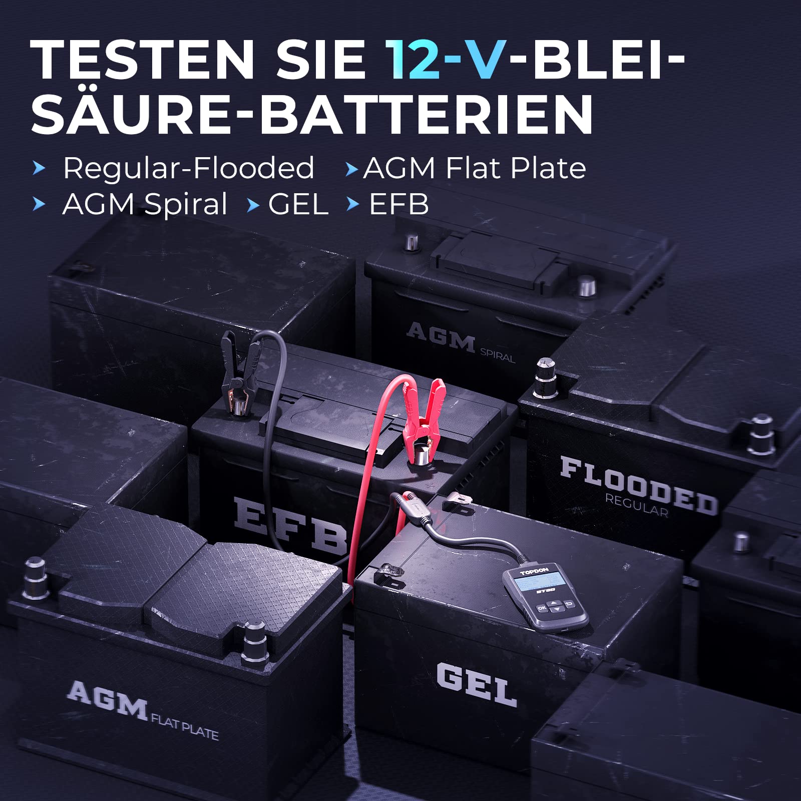 TOPDON BT50 Testeur de batterie, 12V testeur de batterie de voiture 100-2000 CCA vérification de la santé de la batterie test de démarrage charge, analyseur d'alternateur de batterie de test, noir