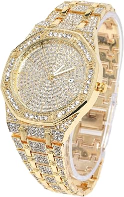 Halukakah Diamonds Gold Watch Iced Out,Mens 18K Real Gold/Platinum White Gold Plated 40MM Width Roman Numerals Dial Quartz Wristband 8.7" with Cuban Link Chain 8"+18" Necklace Bracelet,Free Giftbox