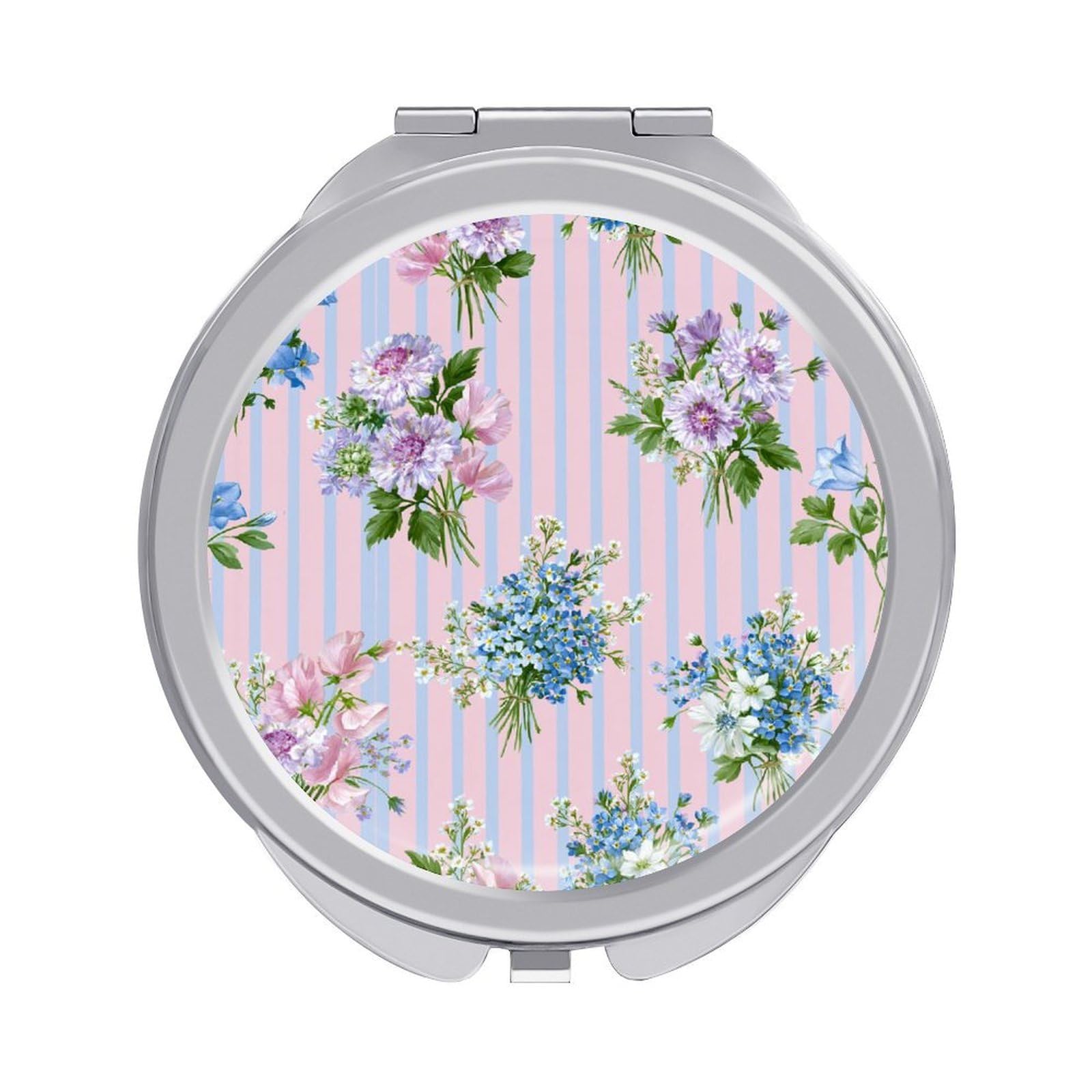 Jubonexis Watercolor Wildflower Bouquets Blue Stripes Women Pocket Mirrors, Girls Small Portable Travel Makeup Mini Mirror