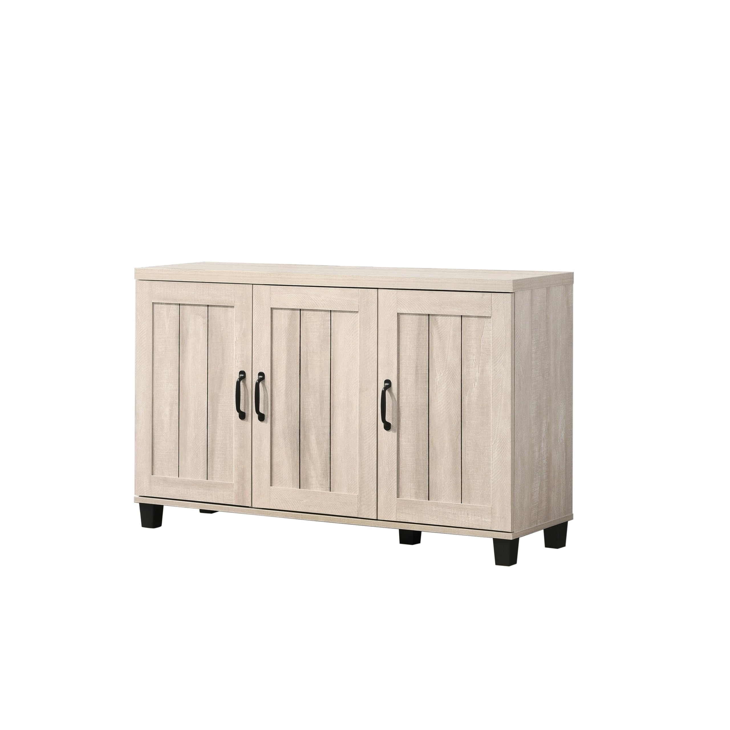 Dusty Gray Oak Finish Three-Door Shoe Cabinet 45" w X 70.35" h 12.5" d Grey Wood Painted Adjustable Shelving