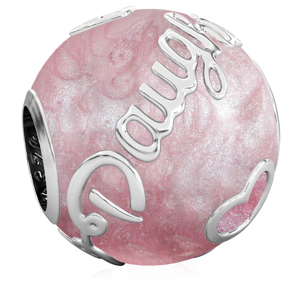 Authentic BELLA FASCINI - DAUGHTER Family Bead Charm - Silver - Fits Bracelets - Pink on Pink Pearlescent