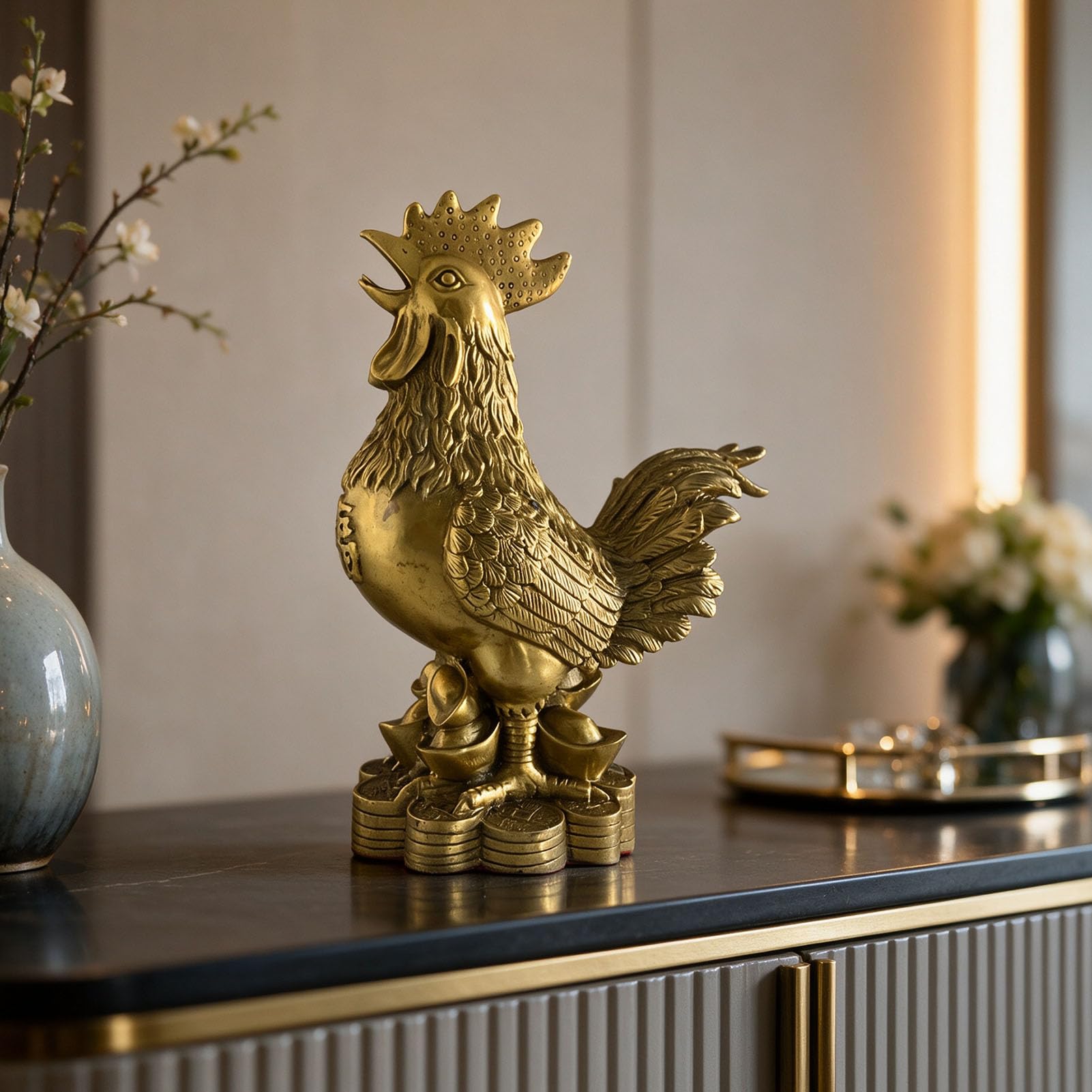 Posąg koguta Feng Shui ze złotego mosiądzu, pomyślne zwierzę | Ozdoba na monety, pieniądze, dekoracje do domu, rzeźba z chińskiego zodiaku, kolekcja prezentów, atrakcja bogactwa