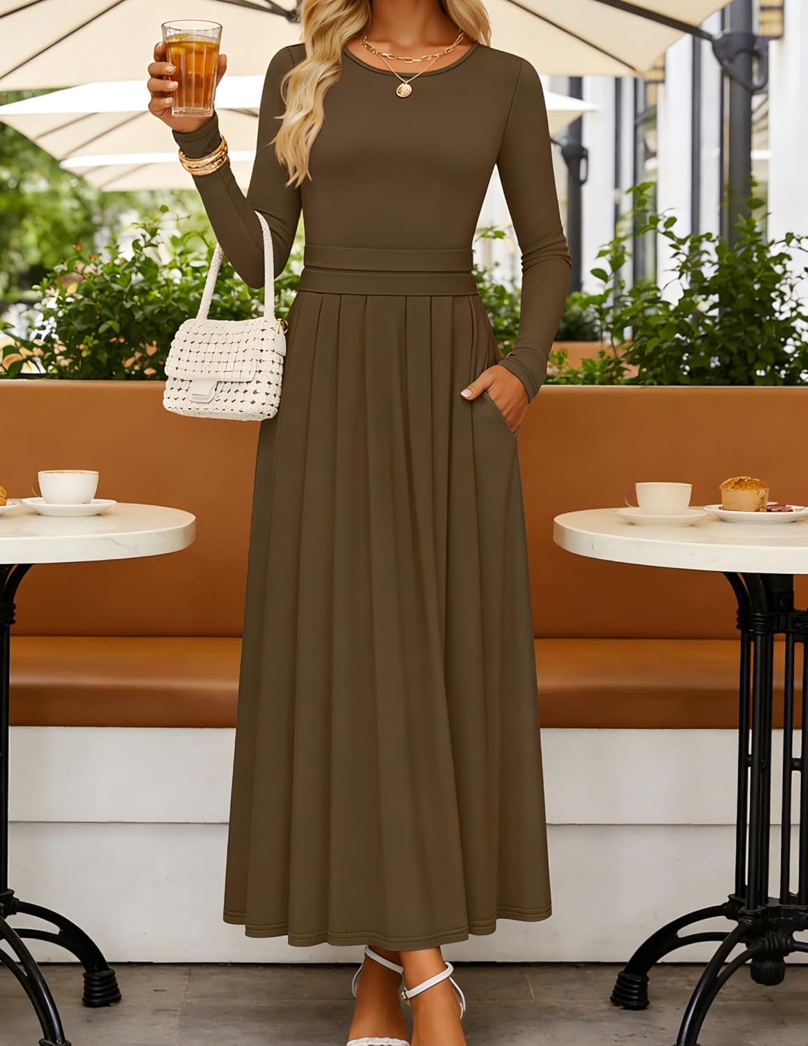 ZESICA Women's Elegant Long Sleeve Maxi Dress 2026 Spring Crewneck Knit High Waist Pleated Flowy A Line Casual Party Dresses - Image 2