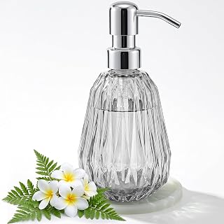 Glass Dish Soap Dispenser, Steel Pump, 9.2 fl oz, Clear | Ribbed Refillable Bottle for Kitchen Sink and Bathroom Countertop, with Non-Slip Silicone Coaster for Dish or Hand Soap.