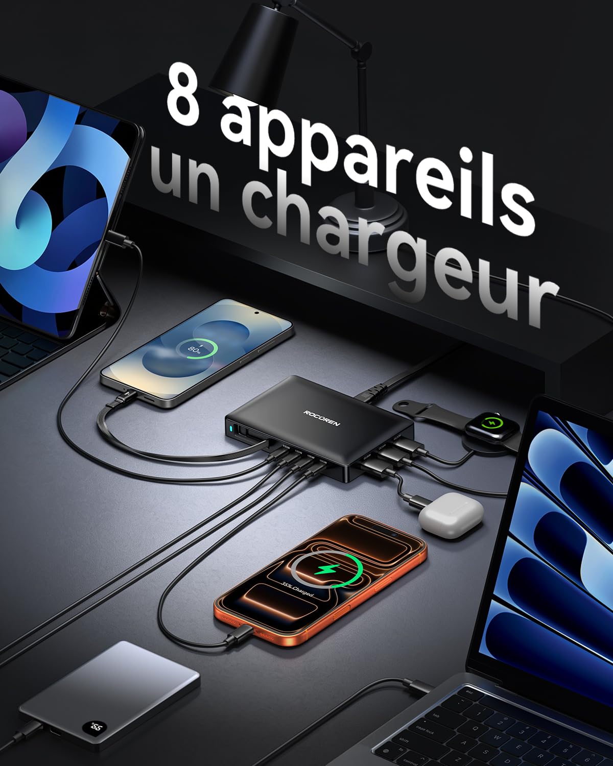 Rocoren Chargeur USB C 8 en 1 avec câble rétractable, Station de Charge USB GaN - Plusieurs Appareils Compatibles avec Ordinateur Portable, MacBook, iPad, iPhone, Samsung et Plus Encore