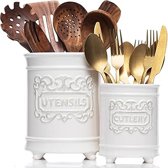 25DOL Large 7.5"+5.5" Elegant Ceramic Utensil Holder for Countertop, Cooking Utensils Organizer for Spatula, Large Utensils Crock for Kitchen Counter, Kitchen Decor, set of 2, White