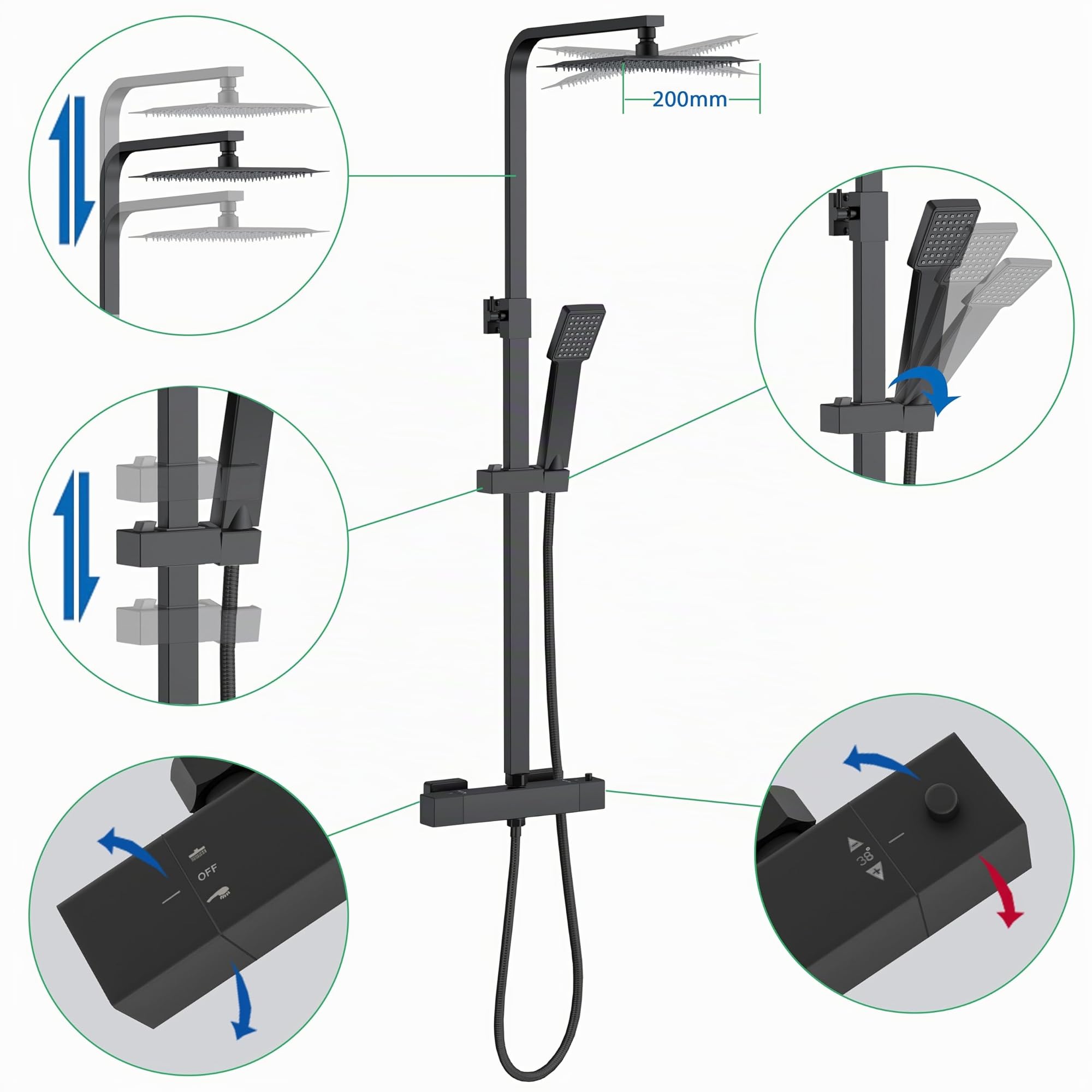 AICA Colonna Doccia con Miscelatore, Saliscendi Doccia Altezza Regolabile 80cm-120cm, Colonna Doccia con Soffione e Doccetta Quadrata 22x6.4cm, Miscelatore Termostatico Doccia in Acciaio Inox Nero