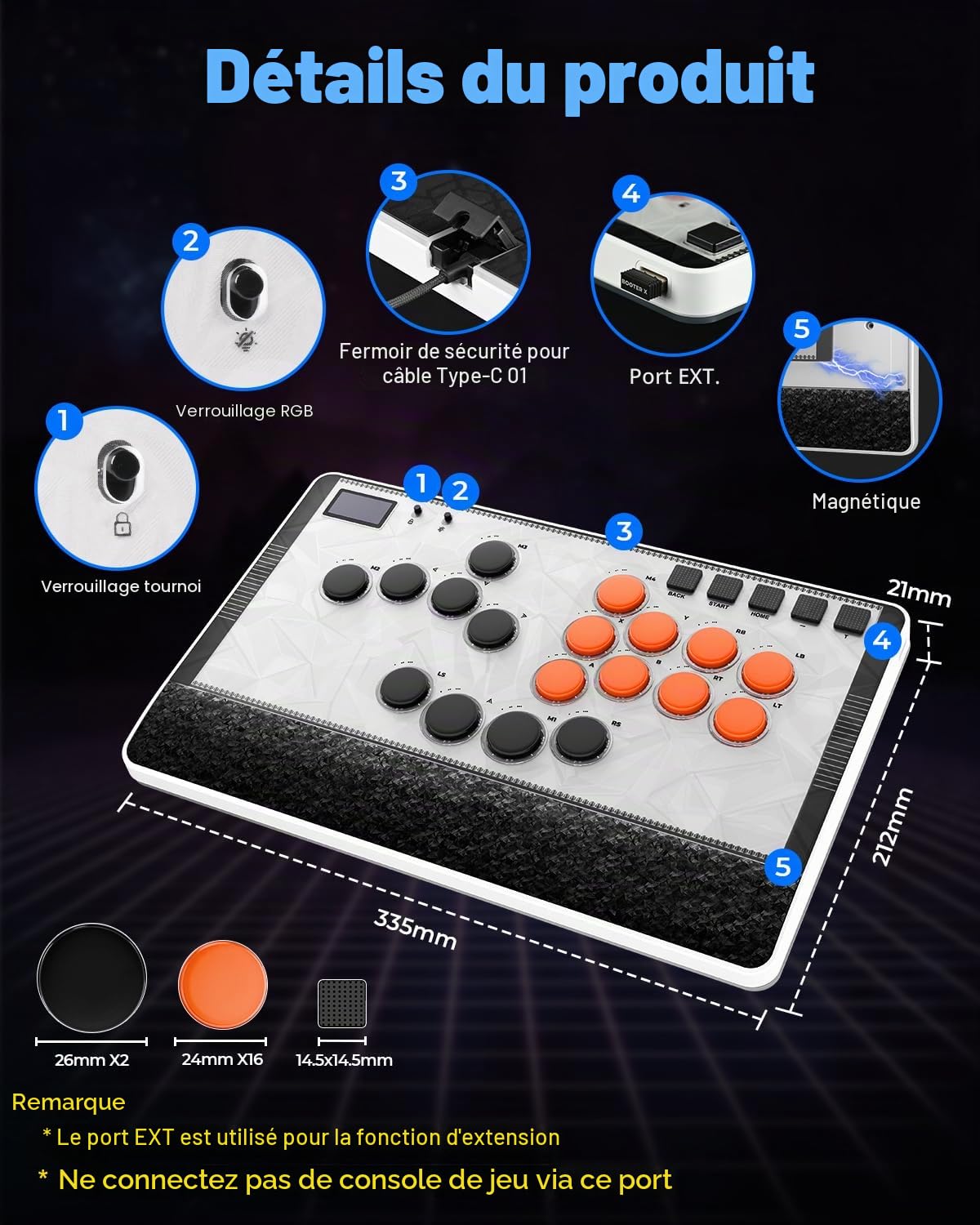 Haute42 C-AT Bâton d'arcade sans levier pour PC/PS3/PS4/Switch Game, contrôleur d'arcade avec câble de sécurité et support Turbo Swap et SOCD Blanc