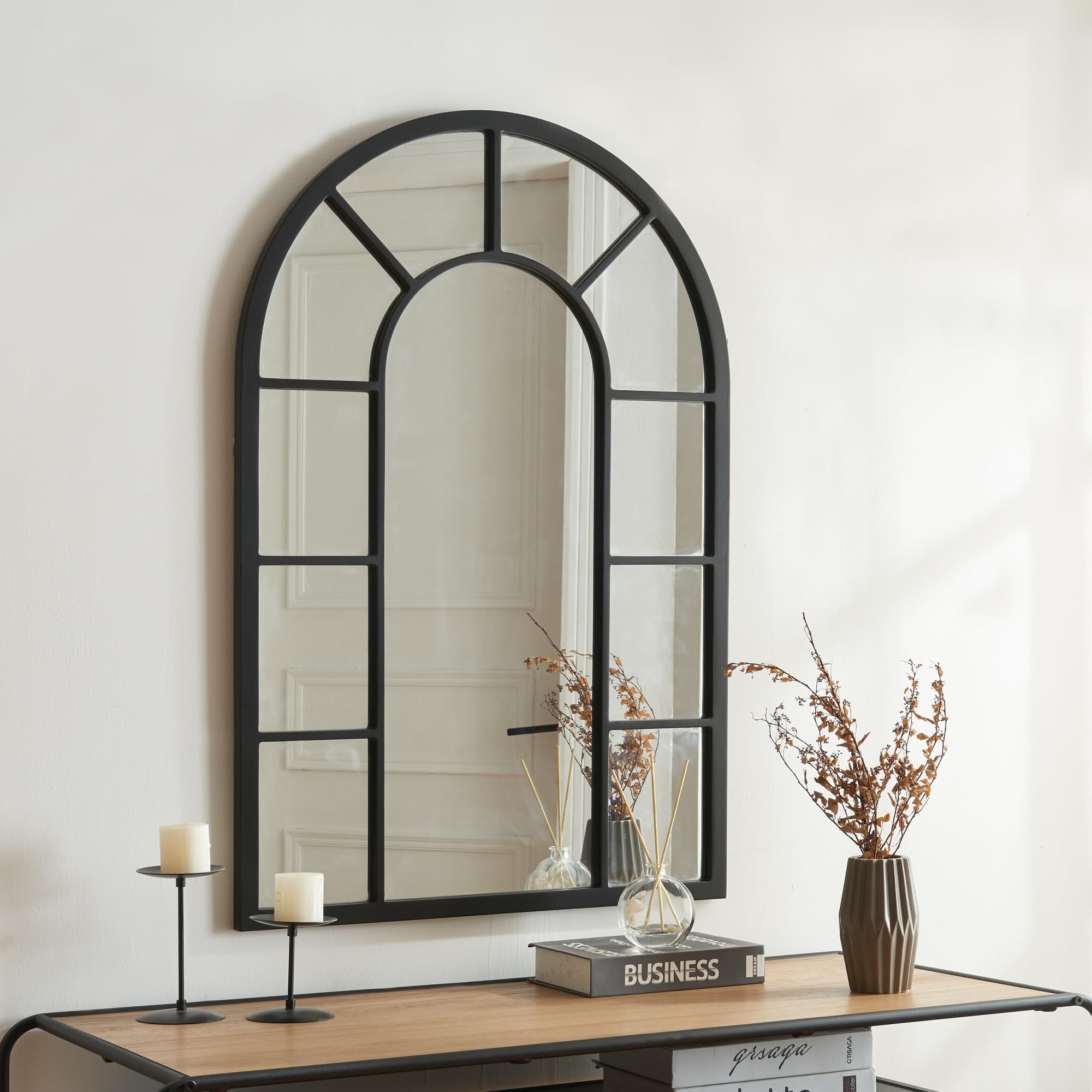 [en.casa] Espejo de Pared Espejo de Ventana Arqueado Elegante Espejo Baño Espejo Cuadriculado Decoración Mural Reflejo Nítido Sin Distorsiones Marco MDF 90x60 cm - Negro