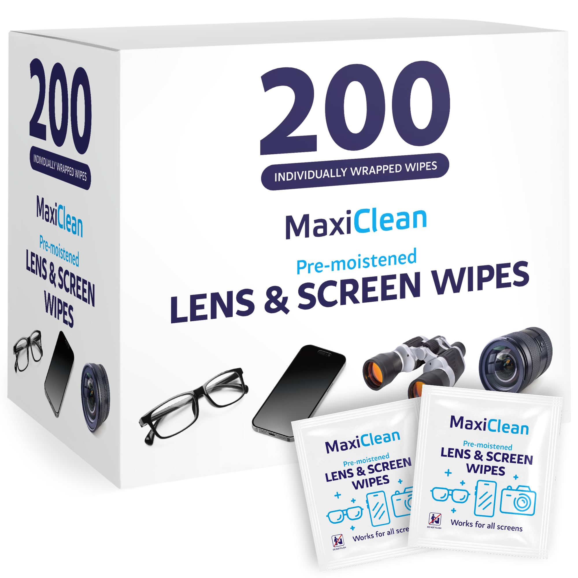 Lens Wipes for Eyeglasses 200 Lens Wipes Individually Wrapped Pre-moistened Eyeglass Cleaning Wipes for Glasses Cleaner Sunglasses Camera