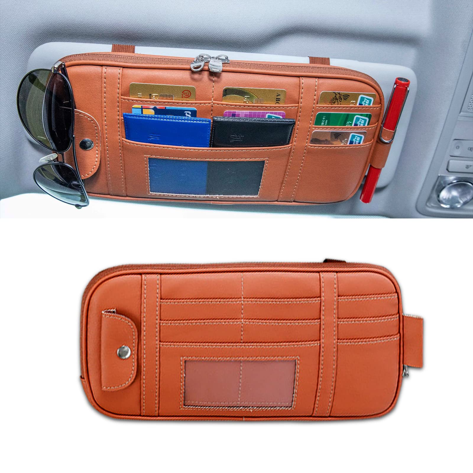 1 PC Car Sun Visor Organizer, Auto Interior Accessories Pocket Organizer Multi-pocket Zipper Car Truck SUV Storage Pouch Holder (Coffee)