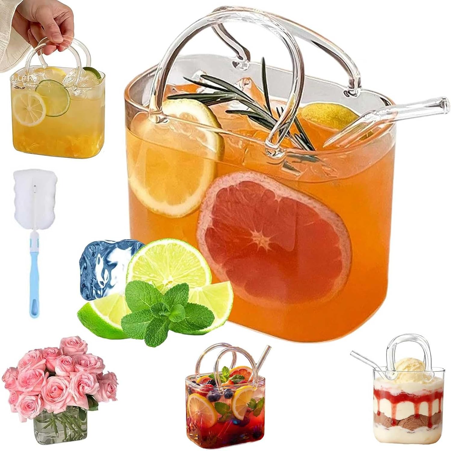 Purse Drinking Glass, Glass Purse for Drinks, 26oz Unique Wine Glasses with Straw, Decorative Fish Bowl Vase, Creative Bag Shape Cup for Cocktails, Juice Or Iced Tea, Floral Arrangement (3pc)