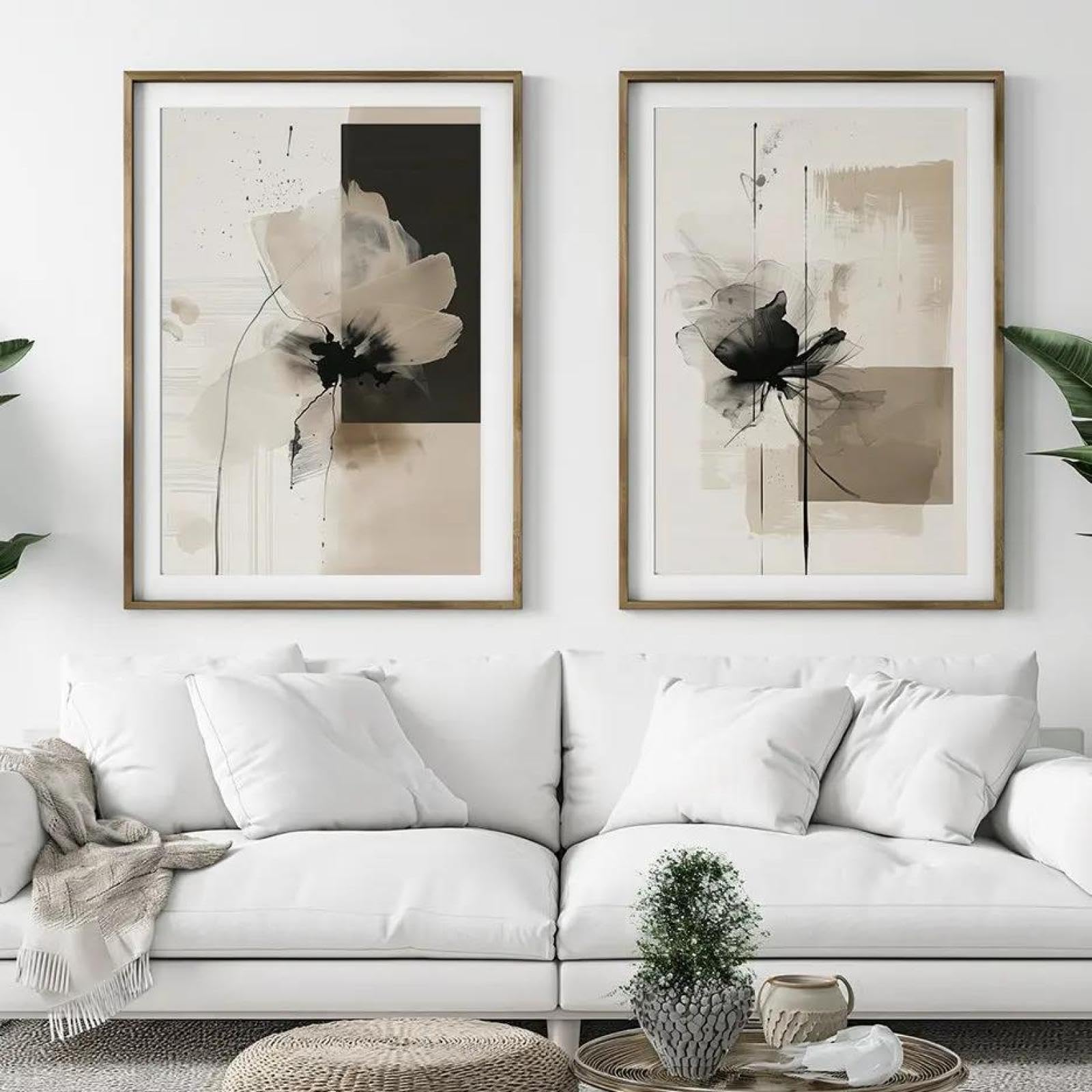 Baibexing Abstract Vintage Minimalist Flower Poster Beige Black Botanical Canvas Painting Print Wall Art For Living Room Decor 50X70Cmx2Pcs Unframed