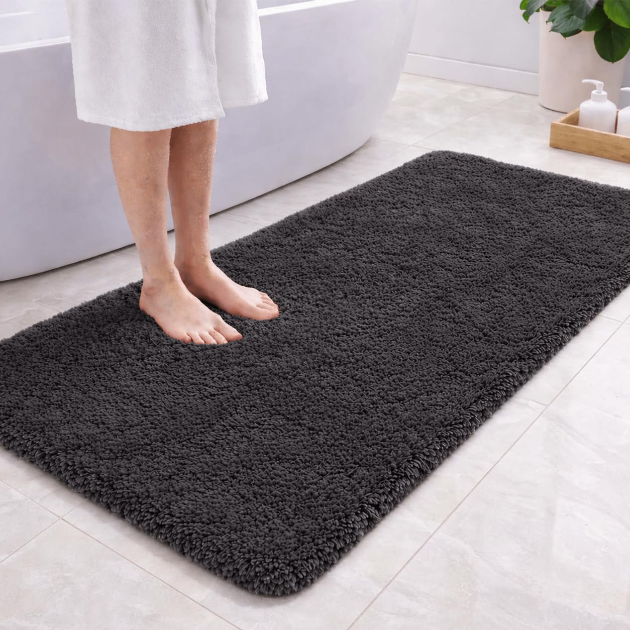 PUFFMAT Microfibre Bath Mat 120 x 60 cm Dark Grey, Absorbent Bathroom Rug with Soft Plush Pile and TPR Backing, Machine Washable Bathroom Mat for Shower, Bathtub, Toilet and Guest Bathroom