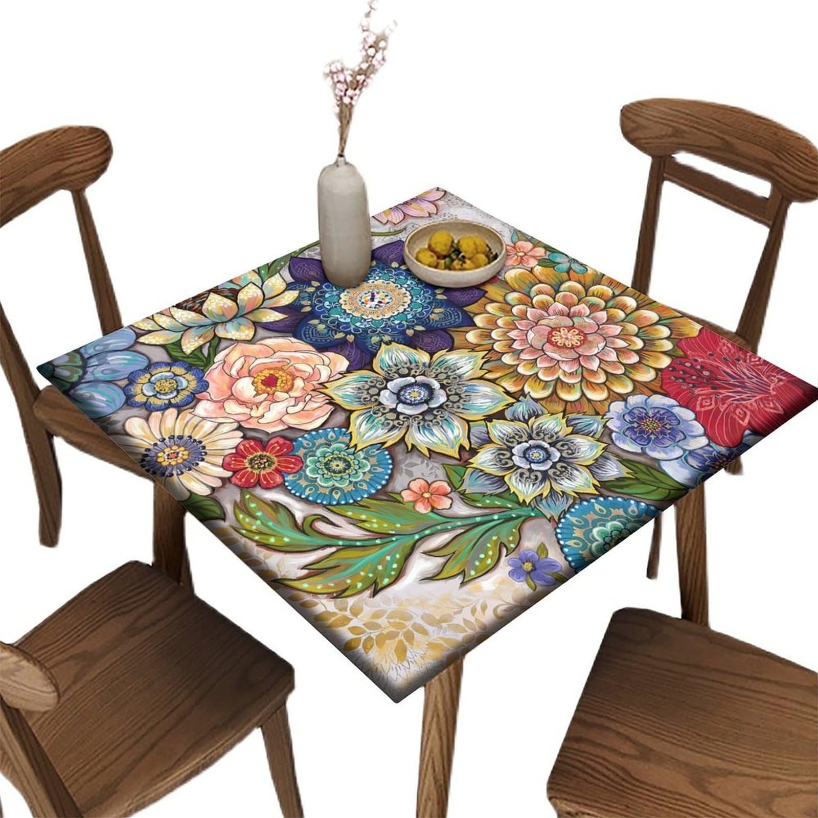 Zamutil Elastic Edge Square Fitted Tablecloth, Colorful Flowers Boho Polyester Table Cloth, for Indoor Holiday Family Banquet and Outdoor Patio Use,