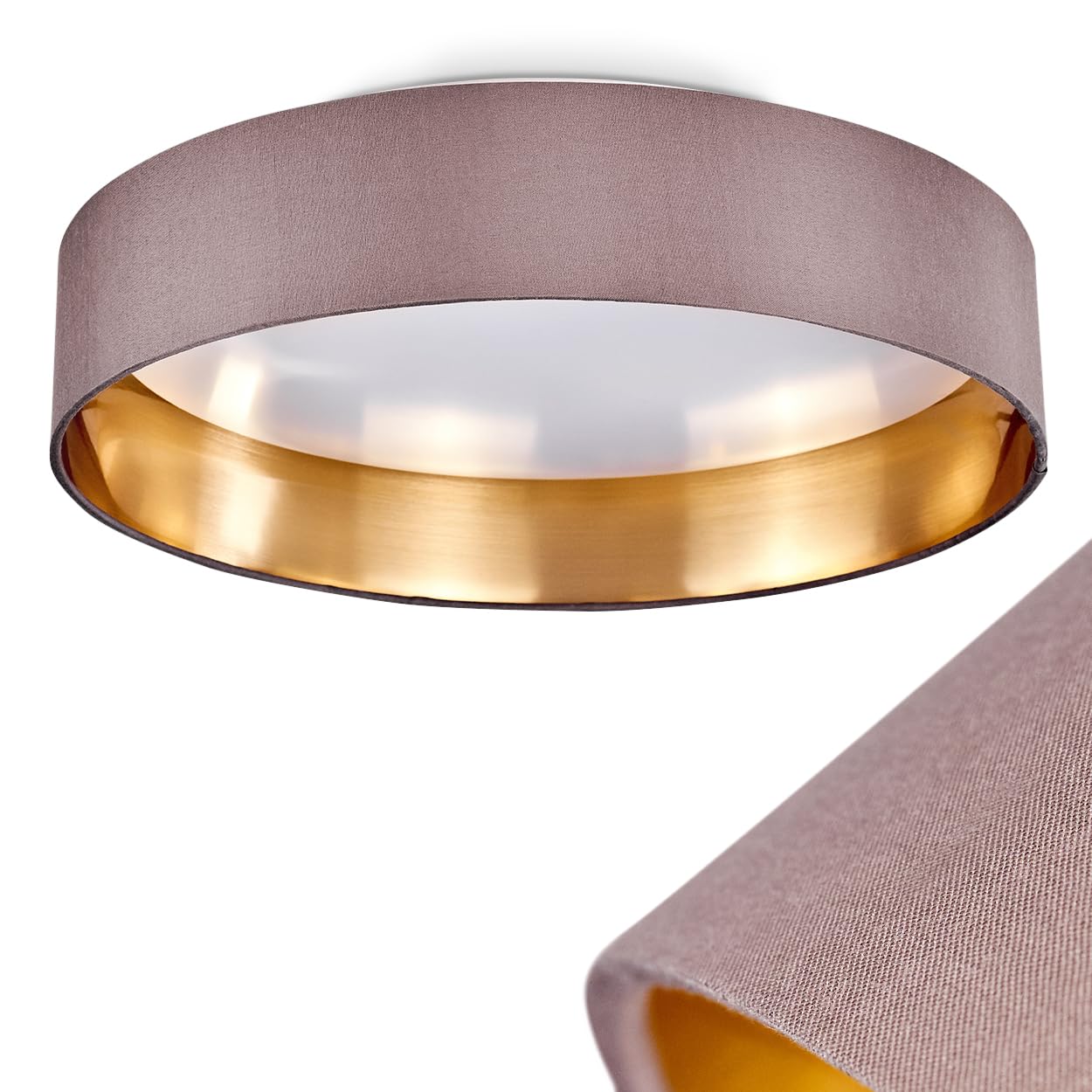 LED Ceiling Light Elsa, Room lamp Made of Metal/Fabric in Grey, White and Gold-Coloured Ceiling lamp Fabric Shade, 1 LED 24 Watt, 3000K, 2100 Lumen