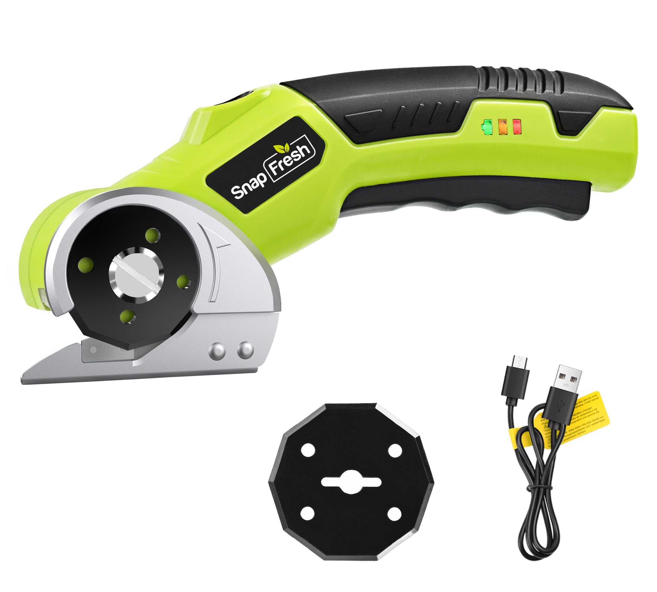 SnapFresh Cardboard Cutter Electric Scissors 4V Rotary Cutter Cordless with 2 Self-Sharpening SKS7 Blades, 2000mAh Battery, LED Light for Cardboard, Package, Leather, Carpet, Plastic, Box Cutting