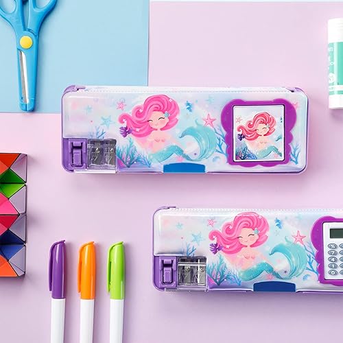 Miniatura 5 de Henoyso Caja de lápices para niñas, estuche de sirena con calculadora y sacapuntas, estuche multifunción para lápices, suministros escolares, regalo