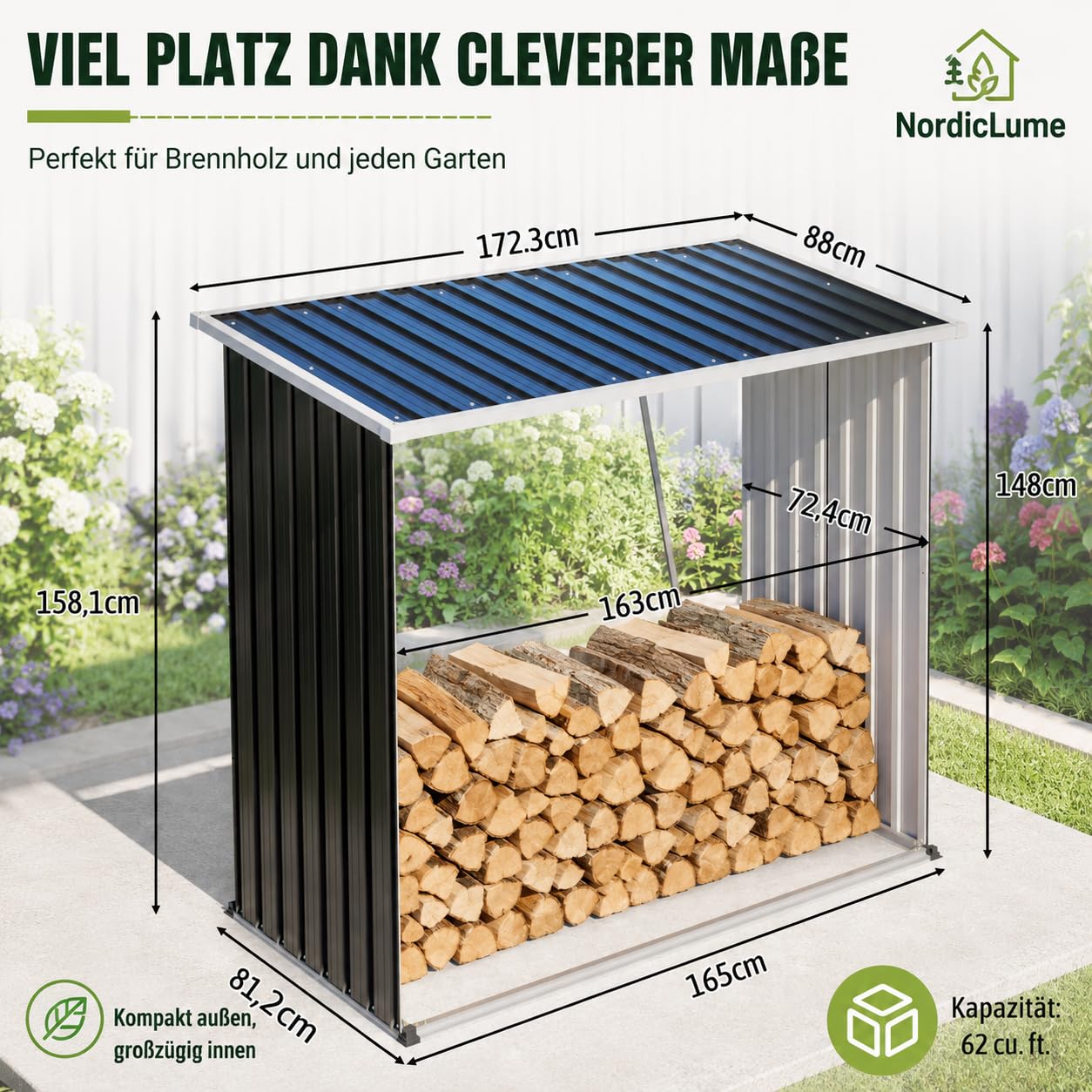 Brennholzunterstand Metall, wettergeeignetes Kaminholzregal mit Dach, erhöhtem Boden und offener Belüftung, Holzlager für Außenbereich