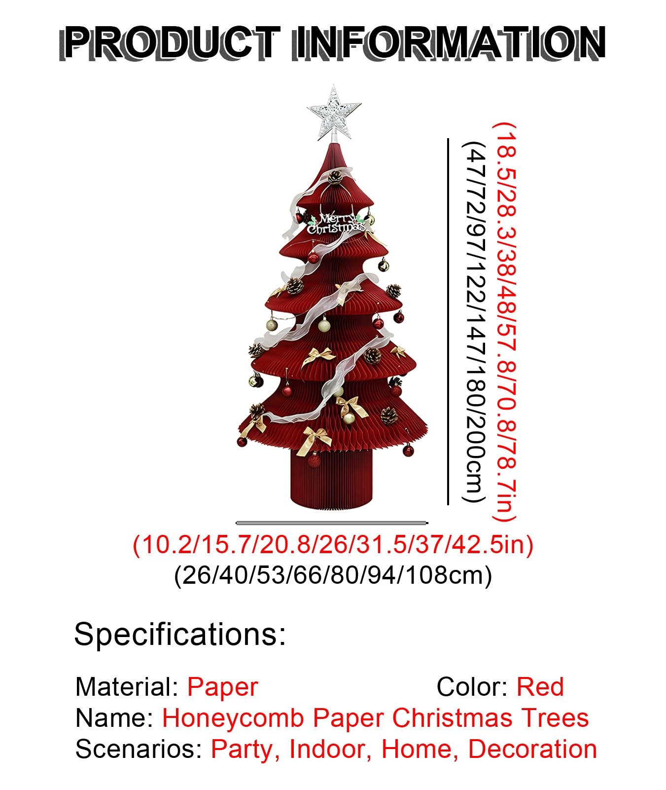 Árbol De Navidad Plegable Rojo, Árbol De Navidad De Panal para Fiesta, Árbol De Navidad De Papel Artificial con Accesorios(10.2x18.5in)
