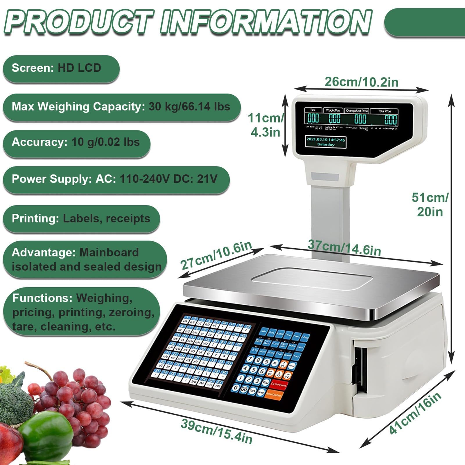 Bilancia Con Stampa Di Etichette E Scontrini Commerciale Digitale Con Codice A Barre Con Doppio Display Per Grande Negozi Di Alimentari Al Dettaglio,Supermercato,Capacità 30 Kg(A)
