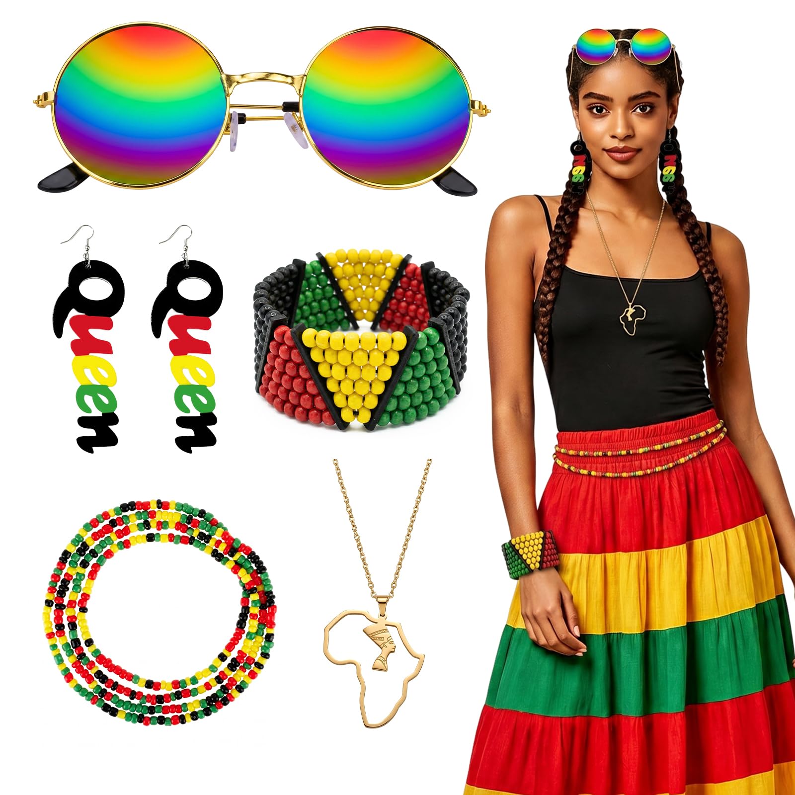 Vervora 5 Pcs Jamaica Reggae Fancy Dress Accessories Set, Rasta Costume Jewellery Kit with Party Glasses, Africa Necklace, Letter Earrings, Beaded Necklace Bracelet for Carnival Party