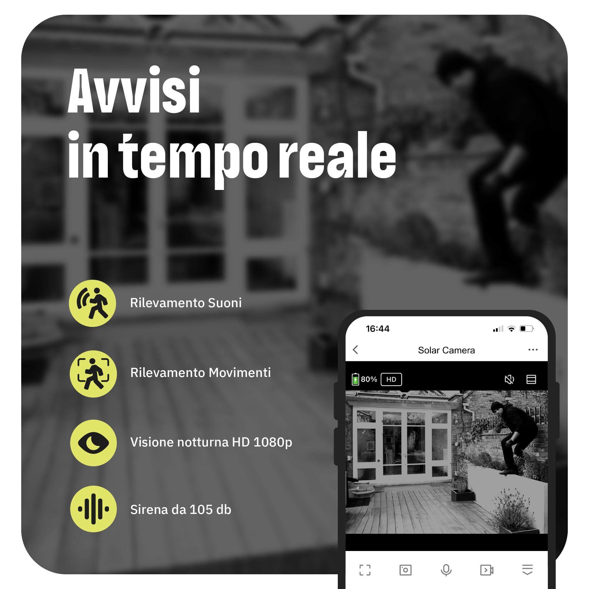 OMAJIN by Netatmo, Telecamera Wi-Fi Esterno Senza Fili a Batteria, con Pannello Solare, visione notturna HD, sirena da 105 dB, rilevamento persone/movimenti/suoni, 2 Vie Audio, IP55, WIFI 2.4, OSC-01