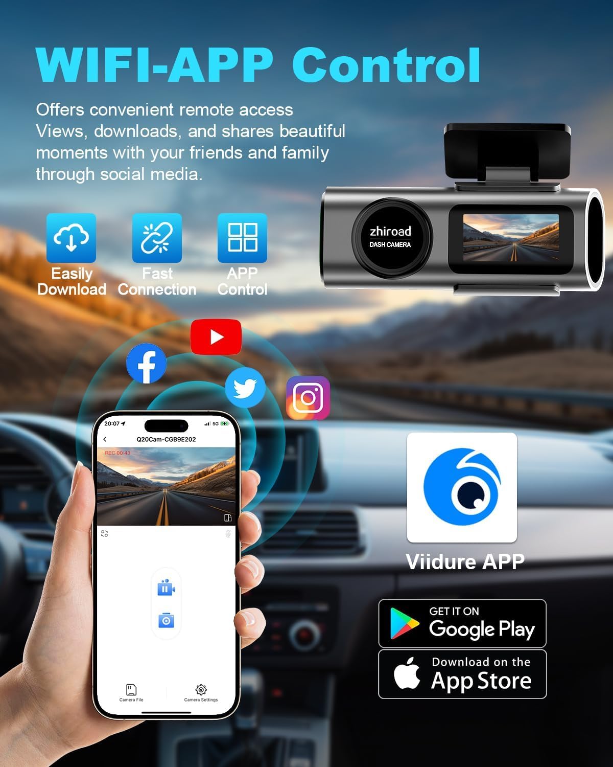 Dash Cam Auto, 4K Dashcam con WiFi & App, Dashcam Auto con 64G Scheda, Telecamera Auto 170°+140°, WDR, Schermo 1,47", Custodia rimovibile, Registrazione in Loop, Visione Notturna, Sensore di Gravità