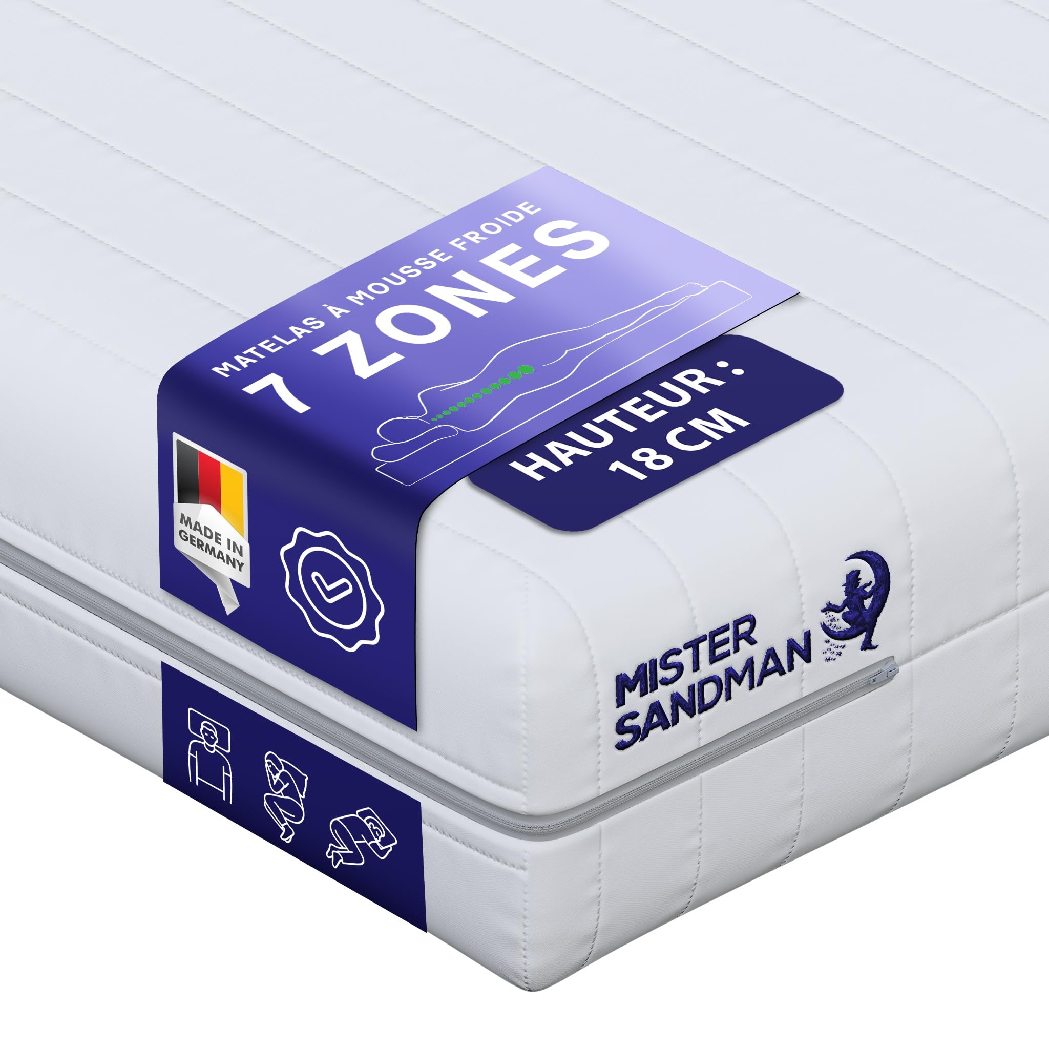 Mister Sandman Matelas en Mousse 7 Zones 80x200 cm, 18 cm, Soutien Ferme, Réversible, Housse Lavable, Certifié Oeko-TEX, Fabriqué en Allemagne