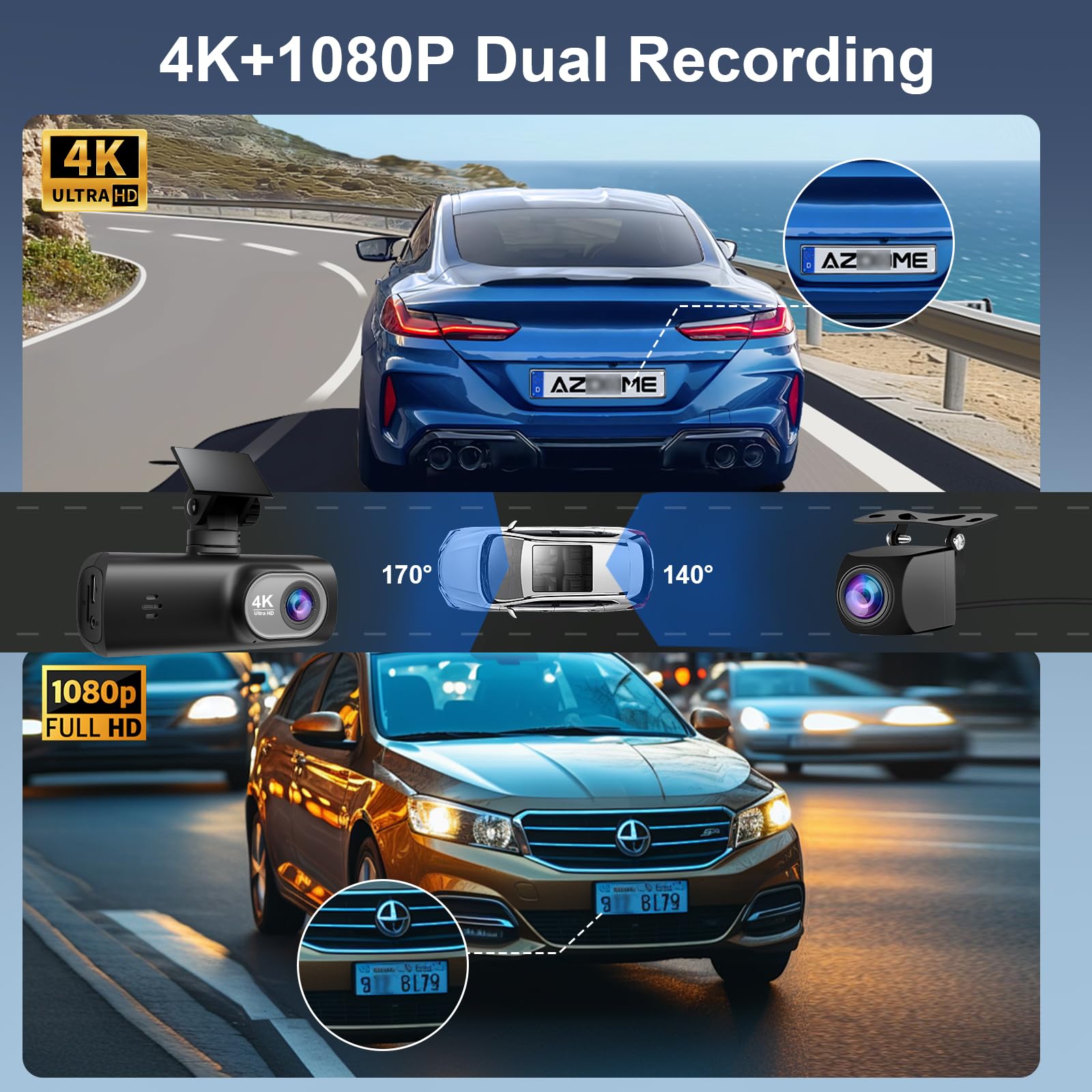 Dash Cam Auto 4k + 1080P, WiFi Dashcam Telecamera per Auto Atti Vandalici con Visione Notturna Migliorata, Sensore di Gravità, Registrazione in Loop, WDR